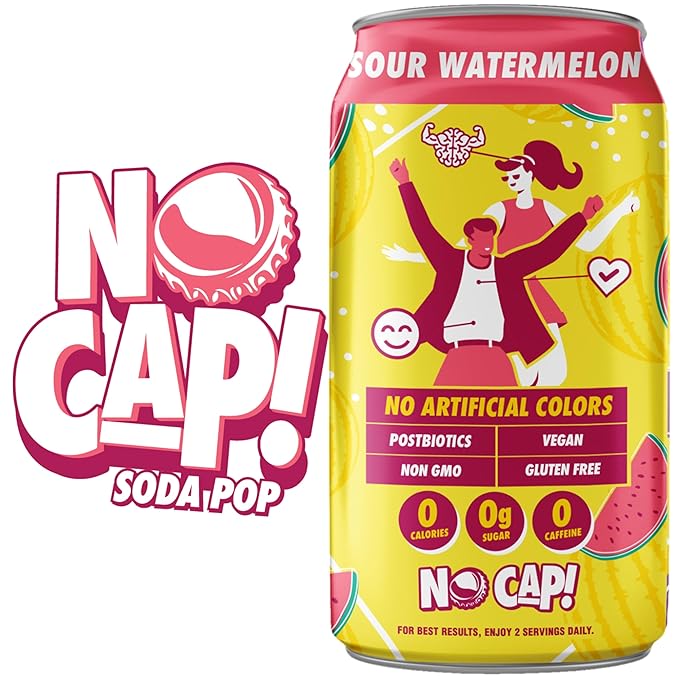 No Cap! Sour Watermelon, Postbiotic Soda, Healthy Soda Alternative, Zero Sugar, Zero Calorie