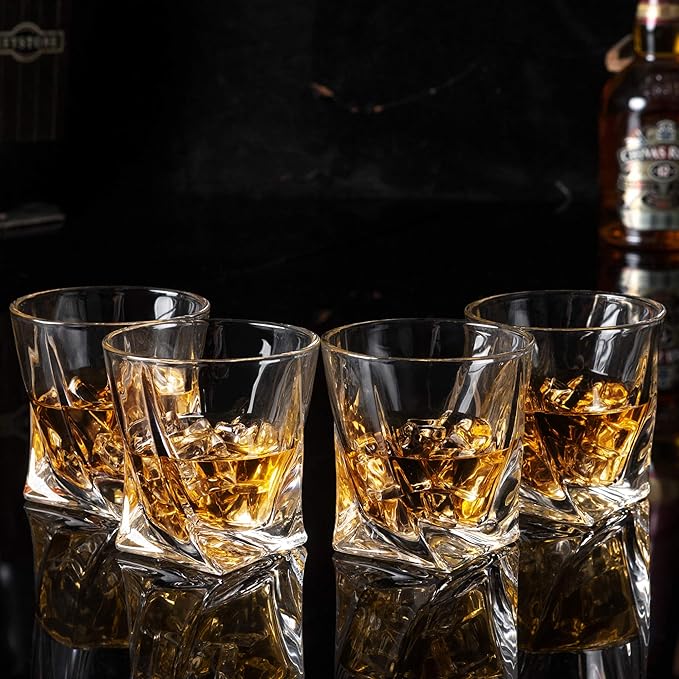 KANARS Whiskey Glasses Set of 4, 10 Oz Crystal Old Fashioned Cocktail Glass in Gift Box, Twisted