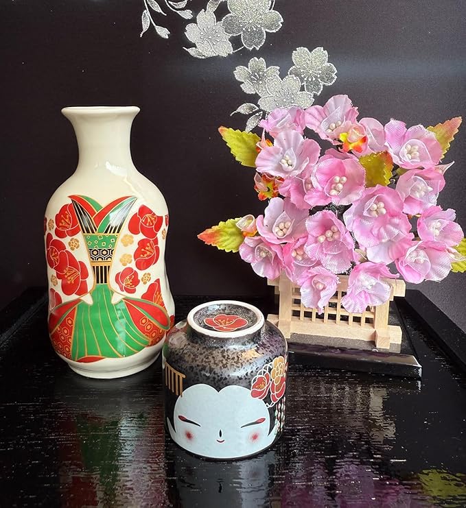 Japanese Traditional Kokeshi Design Sake Wine Soju Ceramic Set with 1 Ochoko Cup and 1 Tokkuri