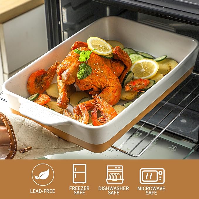 Ceramic Baking Casserole Dish with Handles, Large 9x13 inch Pan and Middle Baking Pan - Porcelain