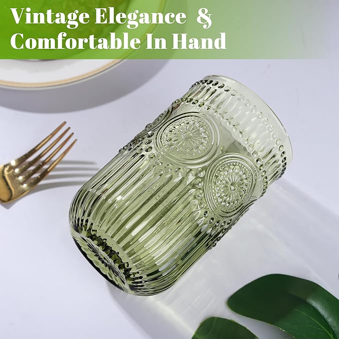 Joeyan Vintage Green Drinking Glasses Set of 4,14 oz Embossed Sunflower Beaded Highball Glass Water
