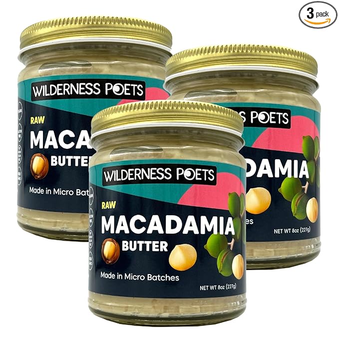 Wilderness Poets, Raw Macadamia Nut Butter - 3 Pack (8 Ounce Jars) - Vegan, No Salt - Glass Jars