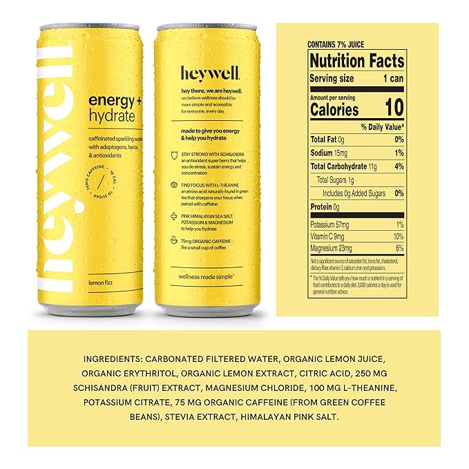 Heywell Sparkling Adaptogenic Water Energy and Focus, Lemon Fizz Flavor 12 Fluid Ounce (Pack of 12)