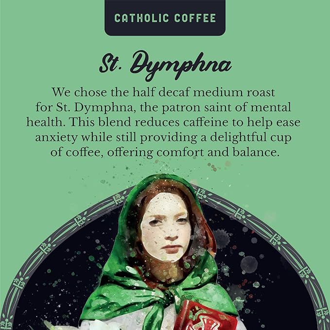 Catholic Coffee St. Dymphna | Half Decaf Medium Roast Ground Coffee ??Nutty & Citrus Notes | 12oz