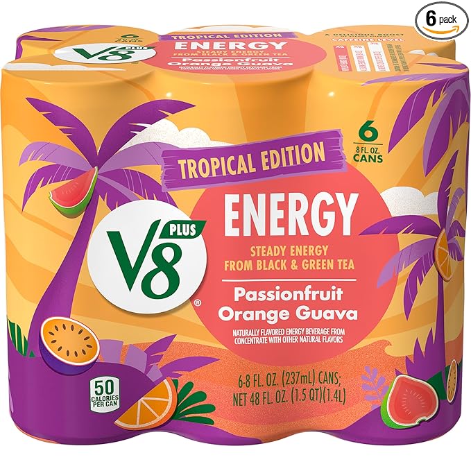 V8 +Energy Passionfruit Orange Guava Juice Energy Drink, 8 fl oz Can (6 Pack)