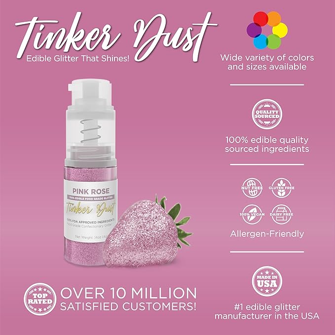 Bakell - Pink Rose Tinker Dust (4g, 1x Mini Spray Pump) Edible Glitter for Food, Desserts, and