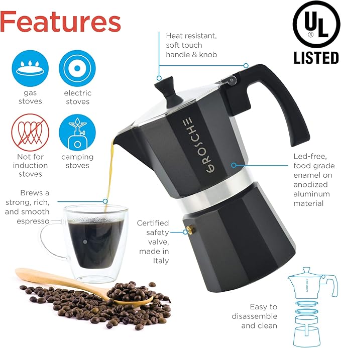 GROSCHE Milano Stovetop Espresso Maker Moka Pot 3 espresso Cup - 5 oz, Black - Cuban Coffee Maker