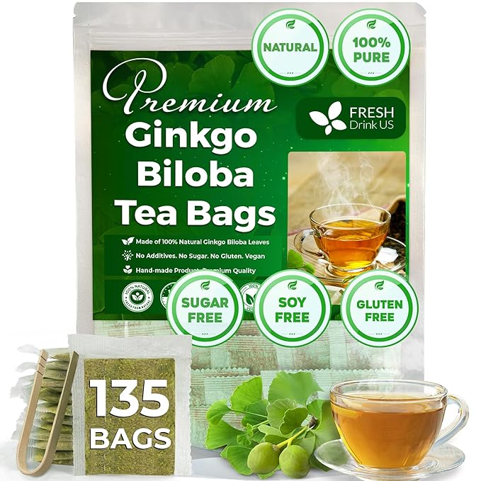 FreshDrinkUS, Premium 135 Ginkgo Biloba Leaf Tea Bags, 100% Natural & Pure from Ginkgo Biloba