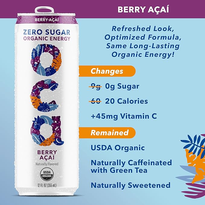 OCA ZERO Berry Acai, Organic energy drink, zero sugar, gluten-free, vegan plant-based, 12 Fl Oz (12