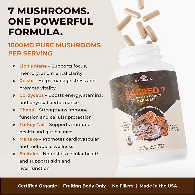 Naturealm Sacred 7 Organic Mushroom Extract Capsules - Premium 7 Mushroom Supplement with Lions