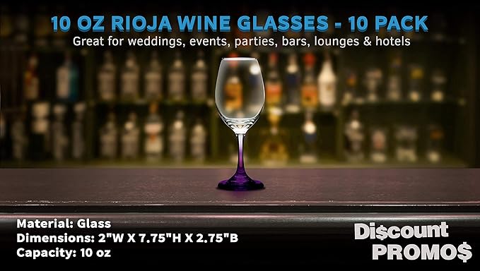 DISCOUNT PROMOS Rioja Wine Glasses with Stem 10 oz. Set of 10, Bulk Pack - Color Bottom, Perfect