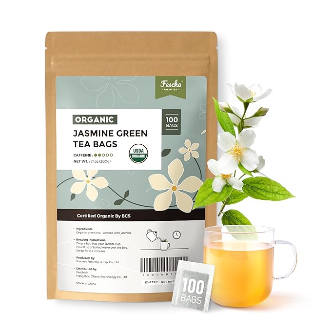 Fescha Organic Jasmine Green Tea Bags Flower-scented Tea (100-count), Eco-Conscious Tea Bags