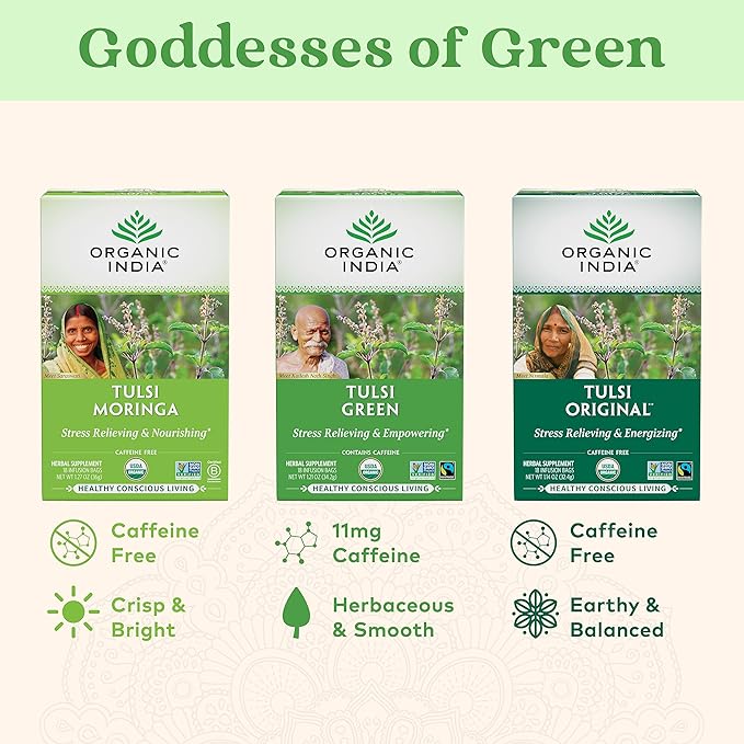 Organic India Tulsi Green Tea Bags - Holy Basil Tea, African Basil, Stress Relieving, Immune