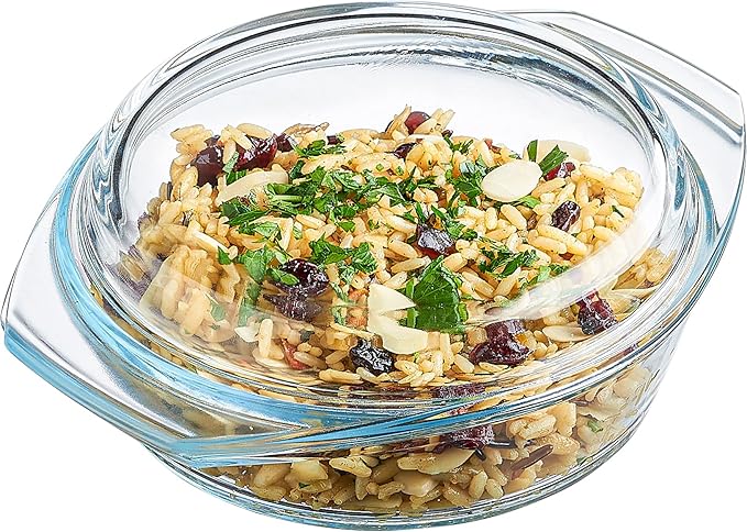 Glass Casserole Dish, Clear Glass Round Casserole Dish with Lid and Handles, 1 Quart Covered Bowl