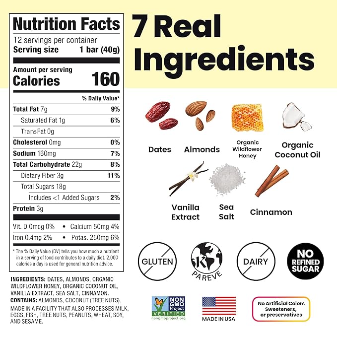 Bahamii - Almond & Date Bars (Honey Cinnamon) - Healthy Snack Bars with Dates - Non-GMO