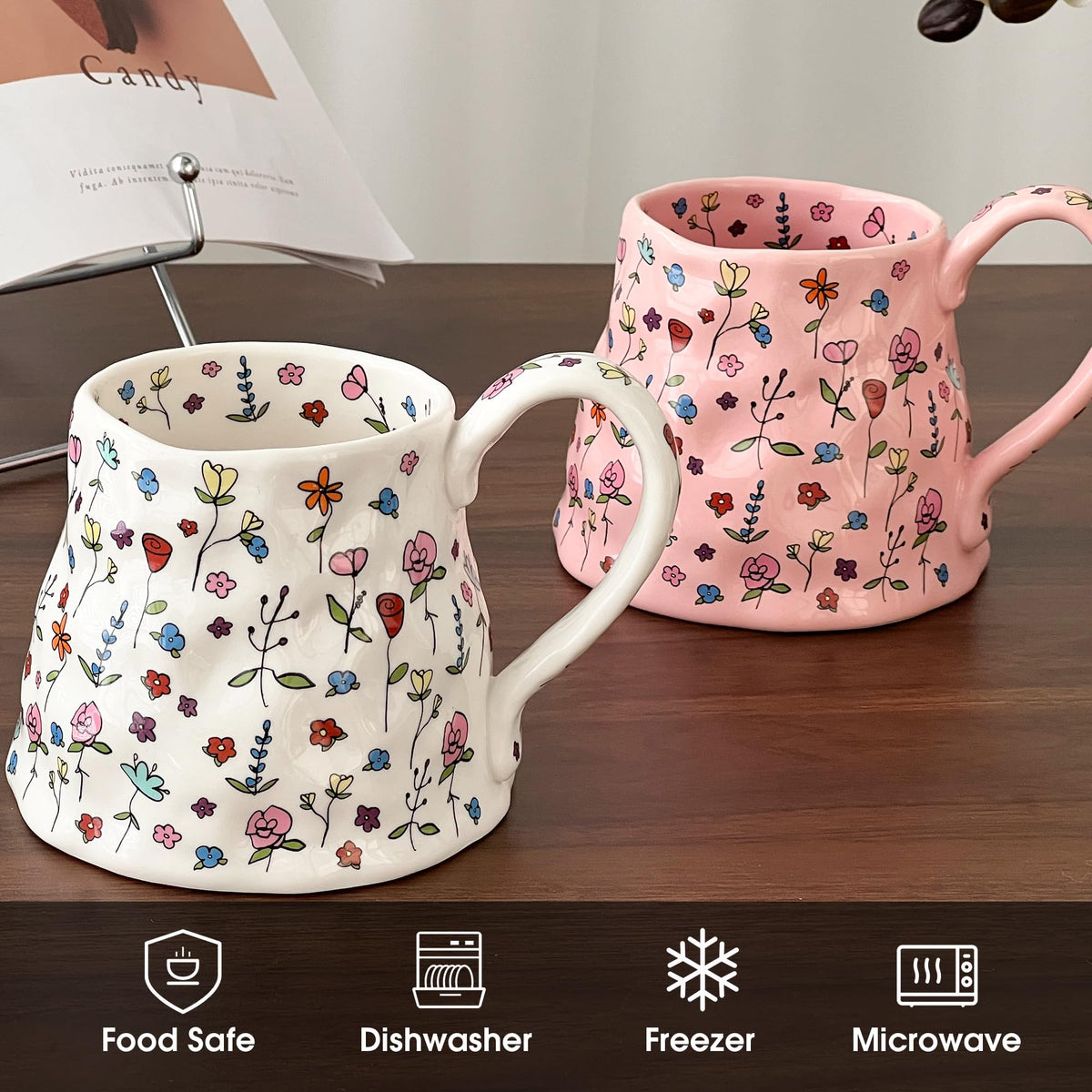 Large Ceramic Coffee Mug Cute Flower with Handmade Big Handle, 20oz Girly Pink Floral Tea Cup for