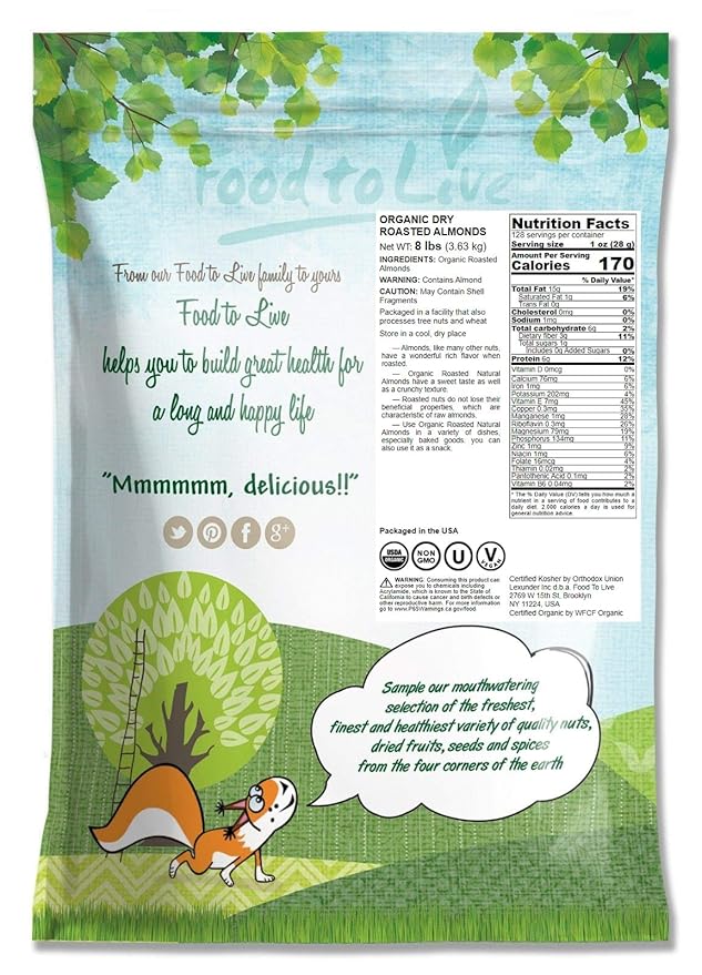 Food to Live Organic Dry Roasted Almonds, 8 Pounds – Non-GMO, Unsalted, Vegan, Keto, Paleo, Kosher