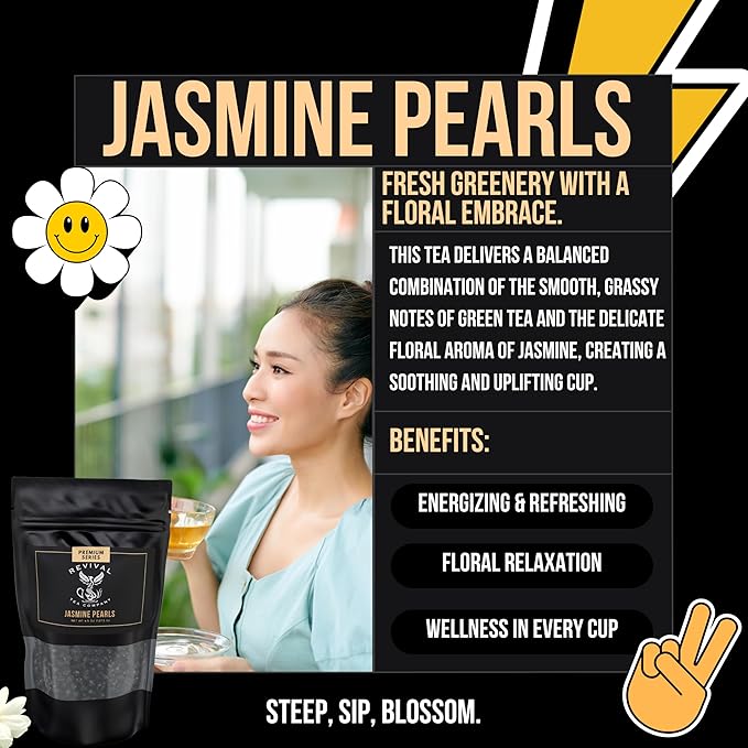 Revival Tea Company Jasmine Tea Pearls - Hand-Rolled Green Tea Scented with Jasmine Flowers - 4.5