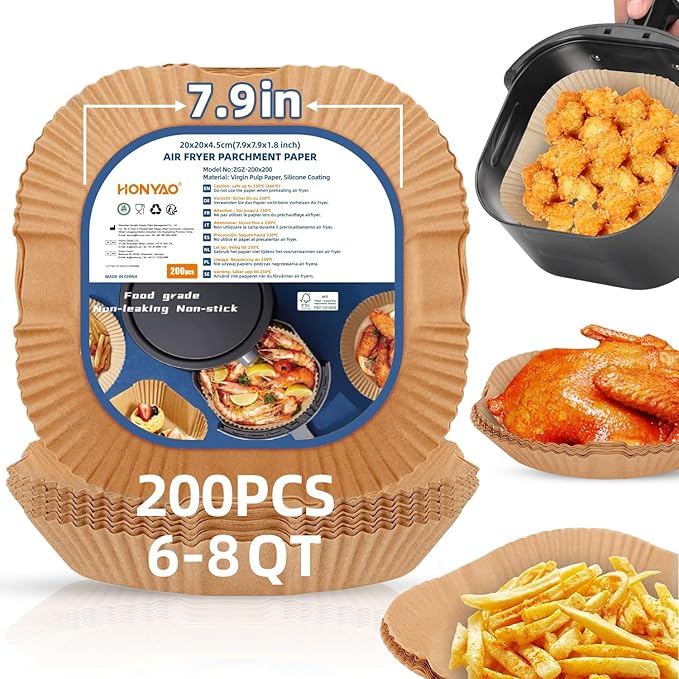 Air Fryer Paper Liners for 6-8 Qt Airfryer, 200pcs 7.9 x 7.9 inch XL Square Disposable Parchment