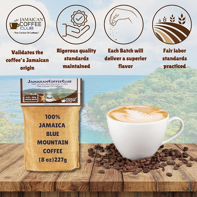 JamaicanCoffeeClub Blue Mountain Whole Bean Coffee ??WB 16oz 100% Jamaican Beans, Premium Roast