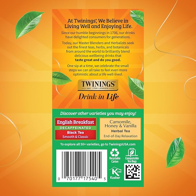 Twinings Decaffeinated Irish Breakfast Black Tea Individually Wrapped Bags, 20 Count (Pack of 6)