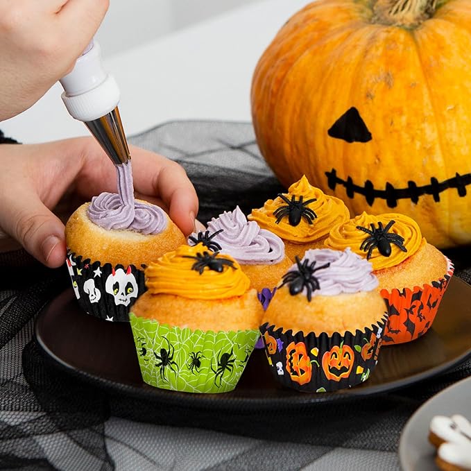 Whaline 600Pcs Halloween Cupcake Liners Pumpkin Witch Legs Bats Ghosts Spider Skulls Cupcake