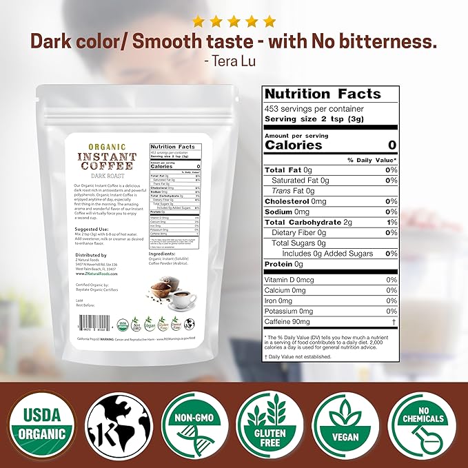 Z Natural Foods Organic Instant Coffee Powder - Rich Dark Roast Flavor, Arabica Instant Espresso