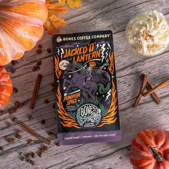 Bones Coffee Company Jacked 'O' Lantern, Pumpkin Spice Flavored Coffee, Medium Roast Low Acid