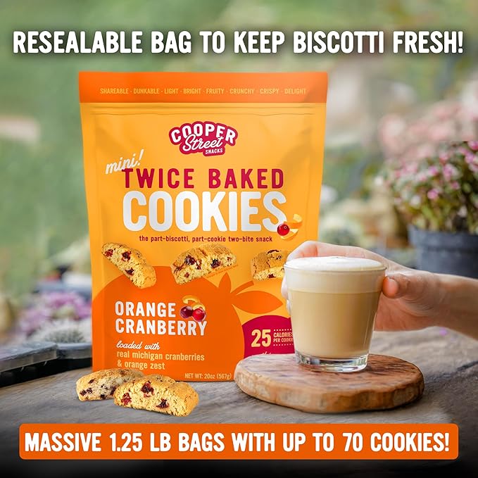 Cooper Street Twice Baked Orange Cranberry Biscotti Cookies - 1.25 Lb - Light and Crispy Coffee