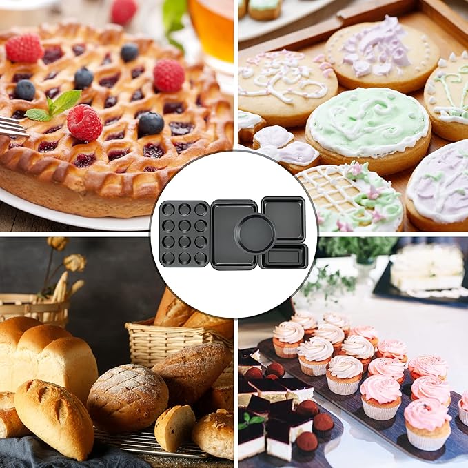 Kitchen 5-Piece Nonstick Bakeware Set - Round/Square Cake Pans, Muffin Pan, Loaf Pan, Roast Pan &
