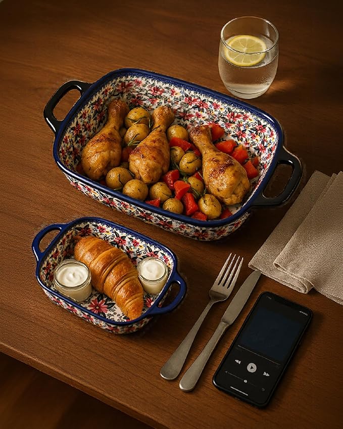 Ceramic Baking Dish Set of 2 ??Decorative Polish Pottery Style Casserole Dishes with Handles, Cute