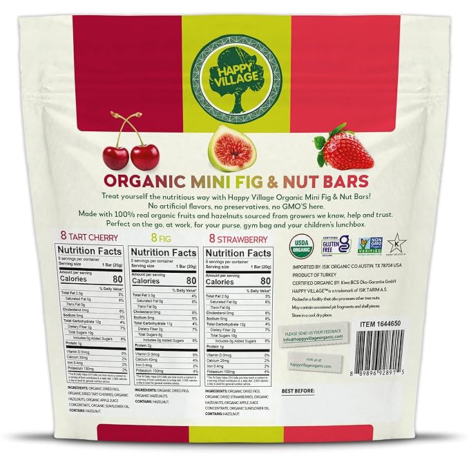Happy Village Organic Mini Fig & Nut Bars, VARIETY (24 Packs, 0.7 OZ each), No Refined Sugar