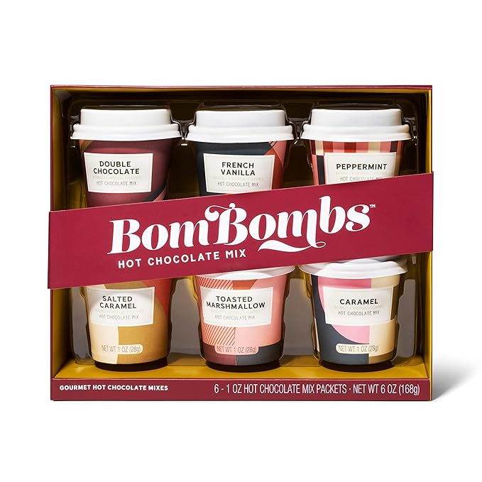 Bombombs Hot Chocolate Mix Gift Set in Mini Cup Packaging, Flavors Include Double Chocolate, French