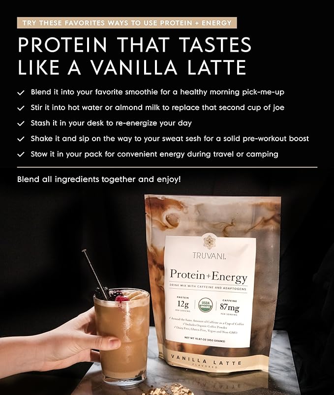 Truvani Protein + Energy Drink Mix with 87mg Caffeine | Vanilla Latte | 12g Organic Plant Based