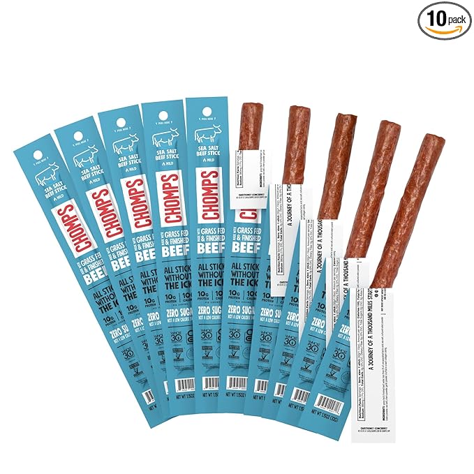 Chomps Grass-Fed and Finished Sea Salt Beef Jerky Snack Sticks 10-Pack - Keto, Paleo, Whole30, 10g