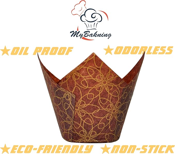 (JUMBO Large size) Brown Golden pattern Tulip Baking Cups 2-1/4"(Base diameter) x 3-3/4"(Wall