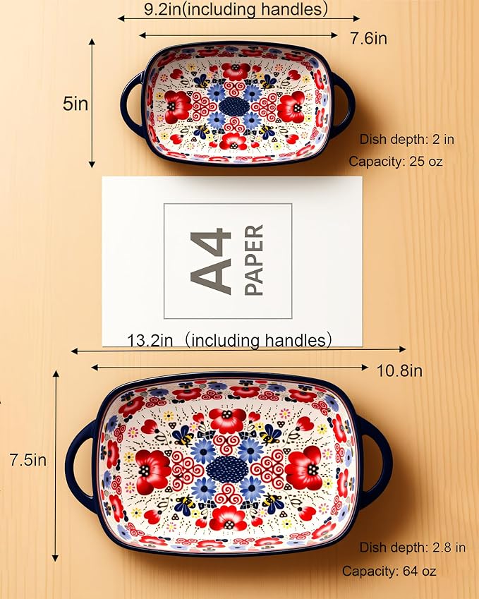 Ceramic Baking Dish Set of 2 ??Decorative Polish Pottery Style Casserole Dishes with Handles, Cute