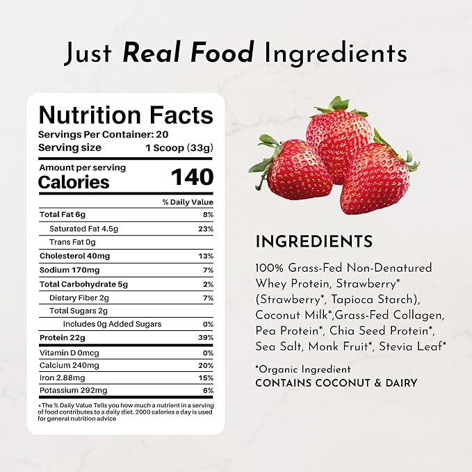 JUST INGREDIENTS Strawberries & Cream Protein Powder ??20-Serving Blend with 100% Grass-Fed Whey &