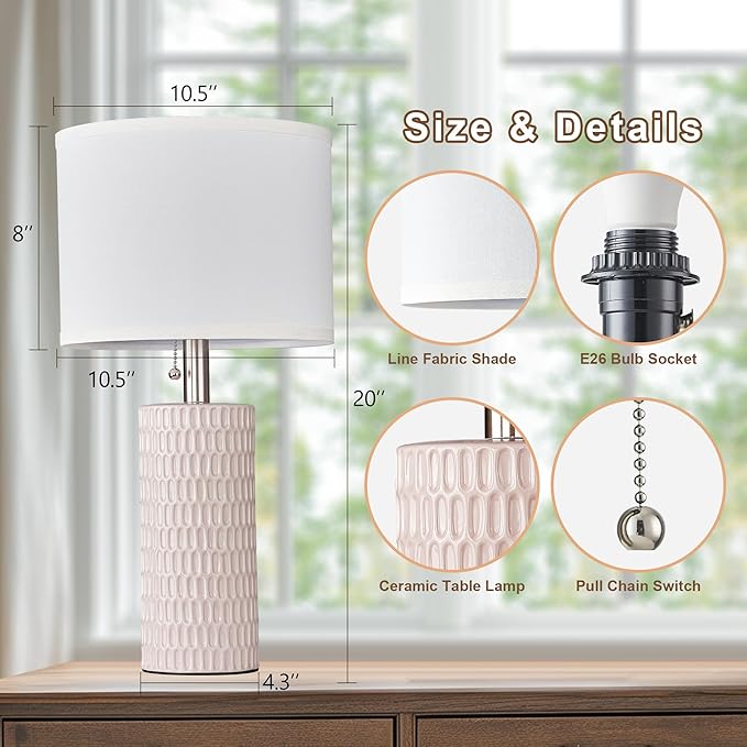 Table Lamps for Living Room Set of 2, Ceramic Table Lamps for Bedroom, 20" Modern Lamps for Night