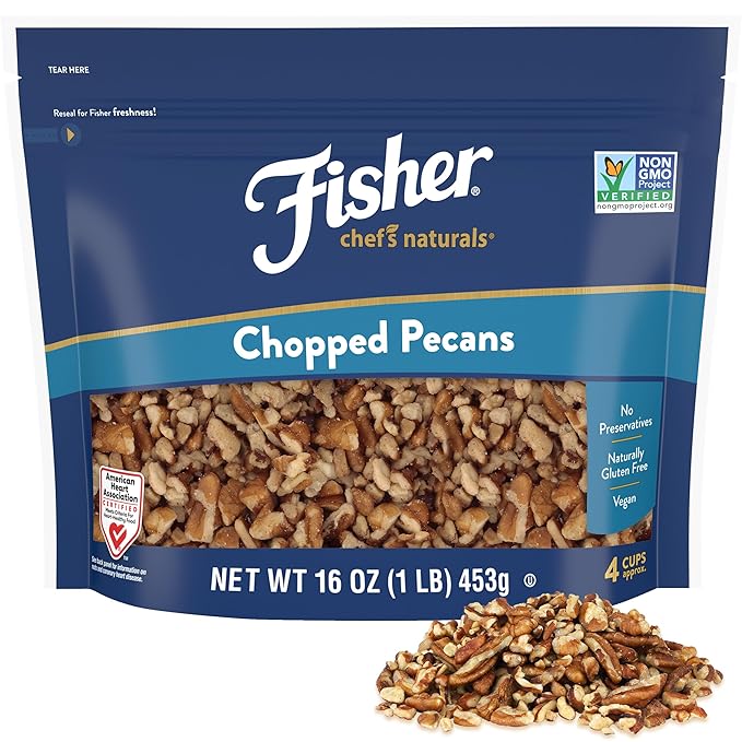 Fisher Chef's Naturals Unsalted Chopped Pecans 16 oz Resealable Bag, Unsalted Raw Nuts for Cooking