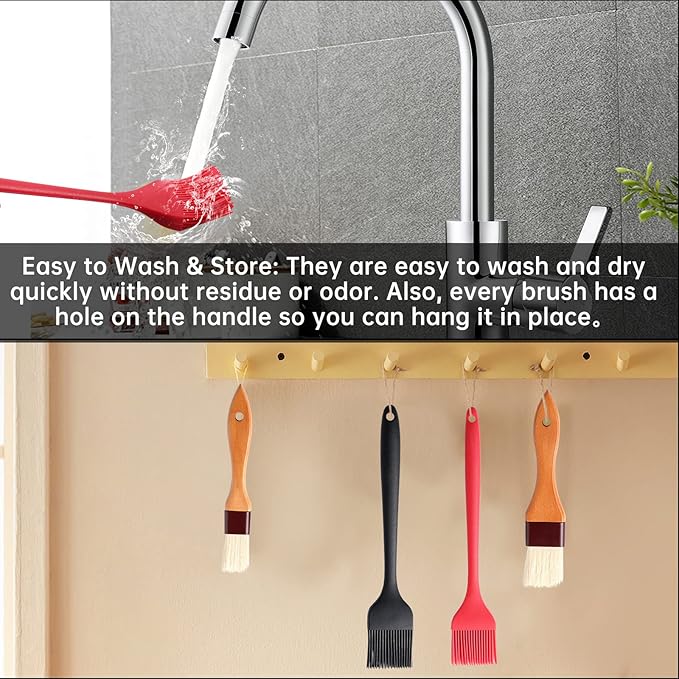 4 Pack Silicone Basting Pastry Brushes with 2 Wood Handle Culinary Oil Brushes, Heat Resistant