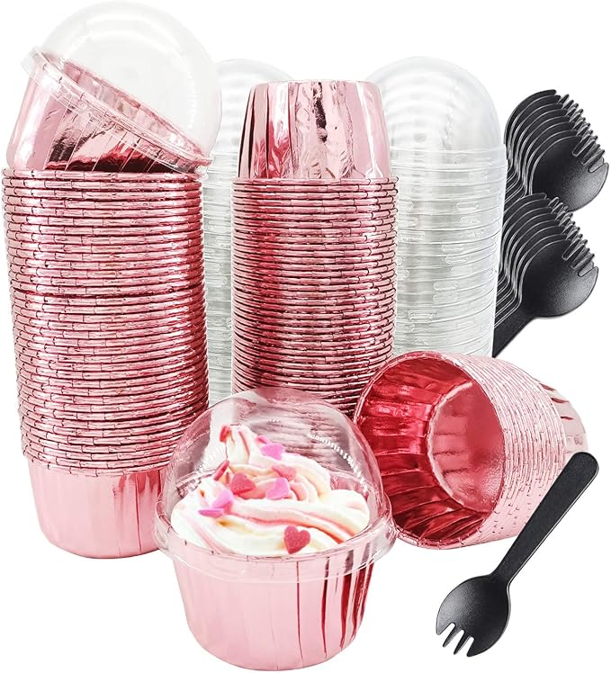 Cupcake Liners with Dome Lids 100Pack,Free-Air 3.5Oz Mini Foil Baking Cups Muffin Liners,Disposable
