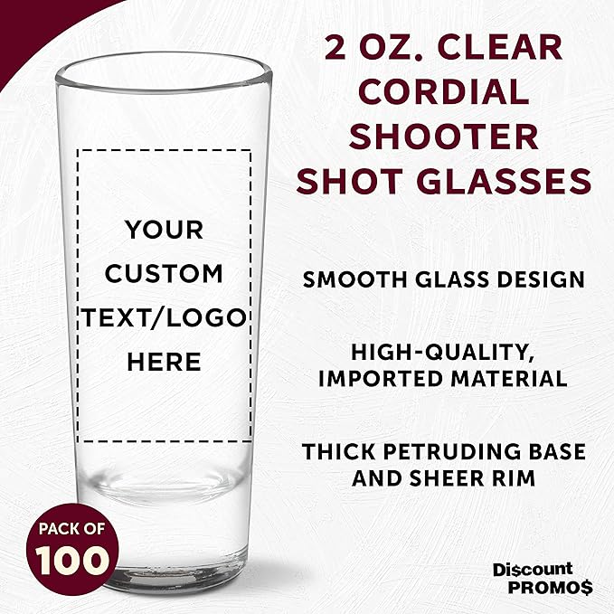 Custom Cordial Shooter Shot Glasses 2 oz. Set of 100, Personalized Bulk Pack - Great for Birthdays