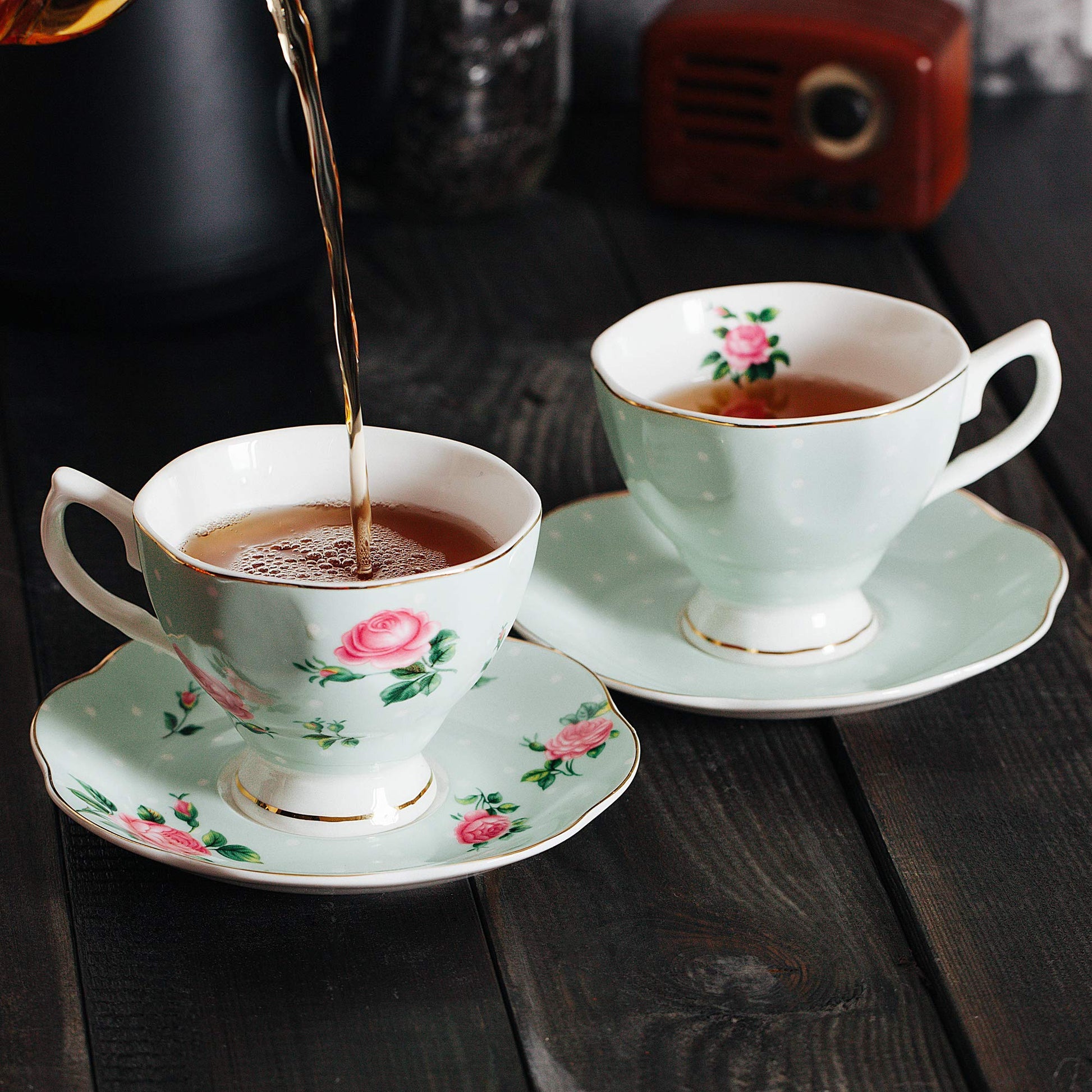 BTaT- Floral Tea Cups and Saucers, Set of 8, 8 oz