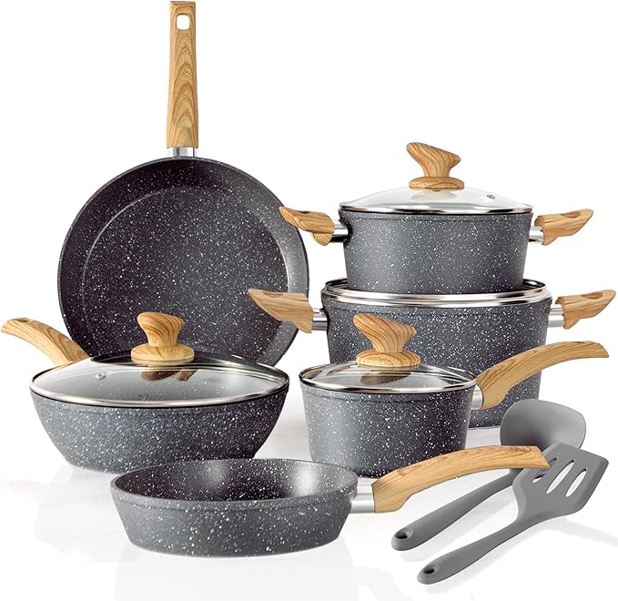 Kitchen Academy Induction Cookware Sets - 12 Piece Gray Cooking Pan Set, Granite Nonstick Pots and