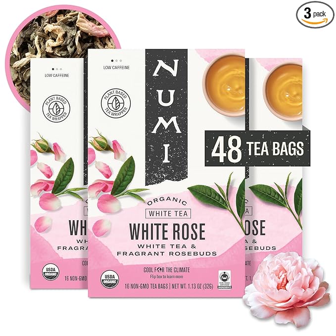 Numi Organic Tea White Rose, 16 Count Box of Tea Bags (Pack of 3) White Tea