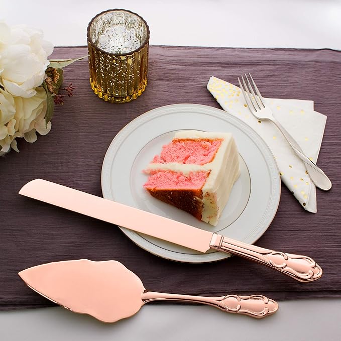 Ella Celebration Rose Gold Engravable Cake Knife & Server Set for Engraving, Rose Gold Wedding