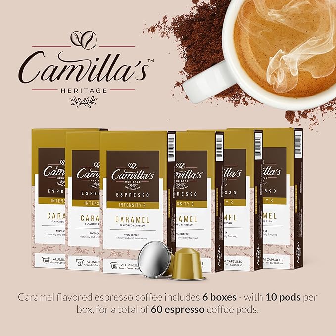 Camilla’s Heritage - Intensity 8 Caramel Flavored Espresso Coffee, Gourmet Espresso Cups, 60 Coffee