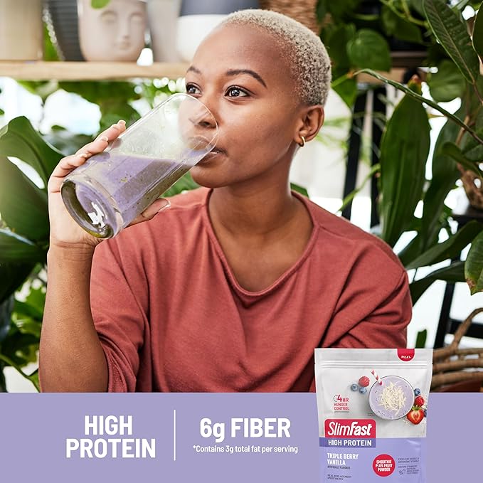 SlimFast High Protein Smoothie Mix Plus Fruit Powder, High Protein Meal Replacement Powder, Fiber
