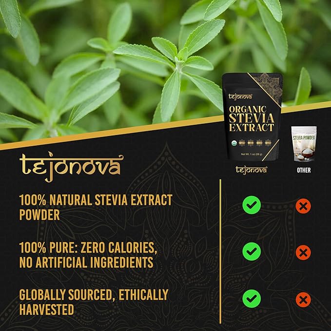 tejonova Organic Stevia Powder, 1oz, Stevia Sweetener, Stevia Organic from Stevia Leaf, Stevia
